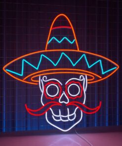 Sugar Skull Sombrero Hat Mustache Neon Light